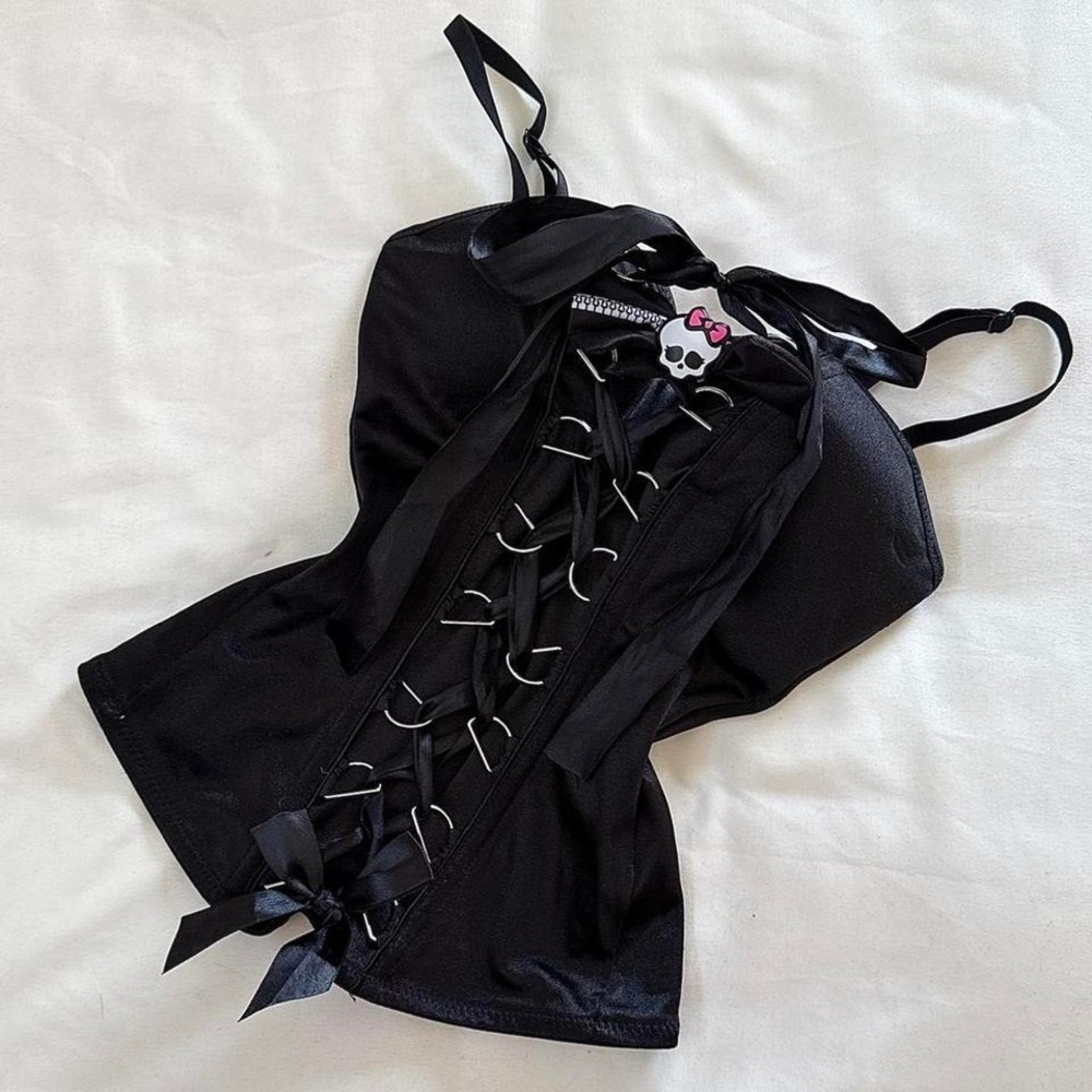 y2k spirit monster high black satin lace up corset top size extra small